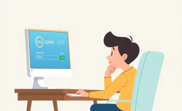 Person intrigued by their first credit score on a computer screen