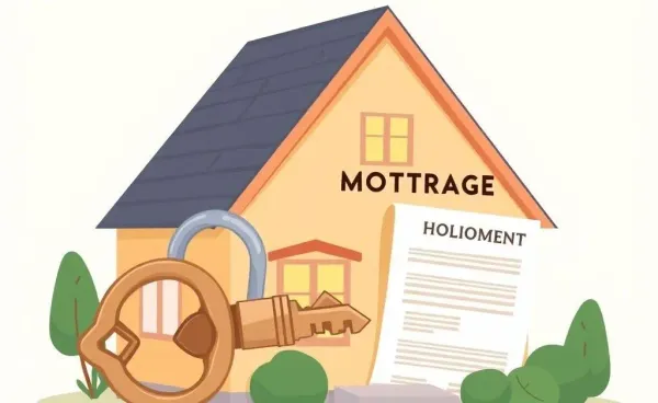 A cartoon-style house with a key unlocking a mortgage