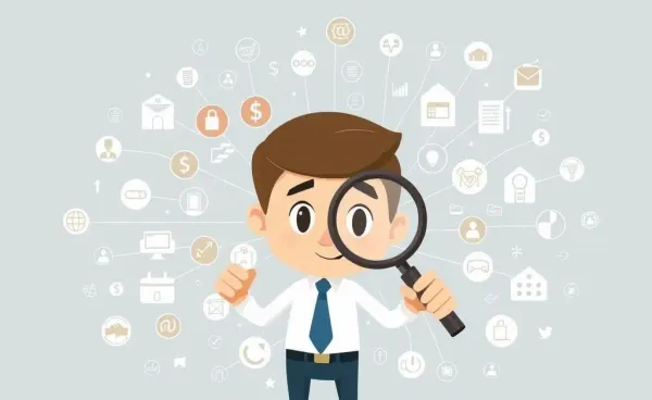 Cartoon character with a magnifying glass looking at insurance symbols