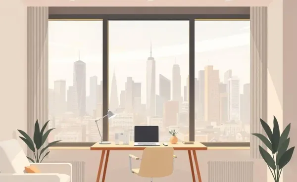 A cozy home office setup with a view of the city