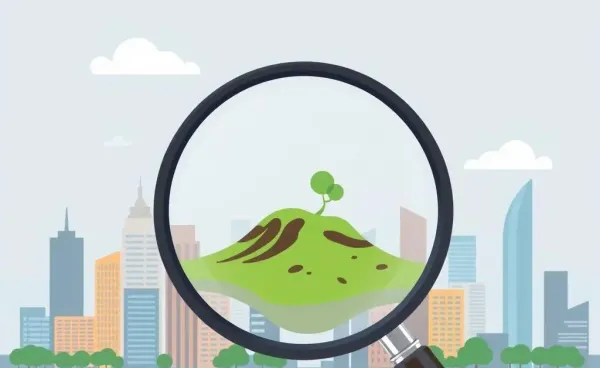 Cartoon urban skyline with a magnifying glass focusing on a piece of land
