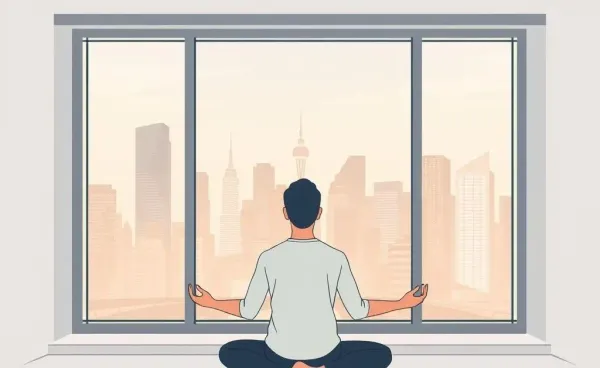 Person meditating peacefully in a modern apartment with a cityscape view