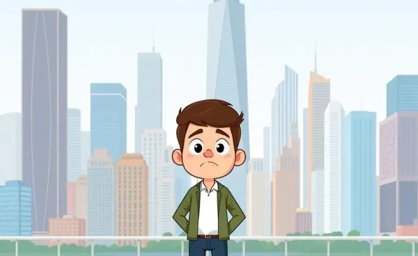 A person looking puzzled in front of a city skyline.