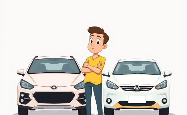 Person comparing a new and a used car