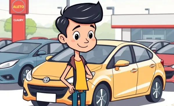 Cartoon illustration of a person examining a used car at a dealership