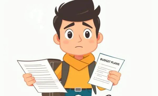 A puzzled traveler with a budget plan in hand