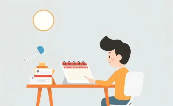 A cartoon of a person planning vacation days using a calendar at a desk