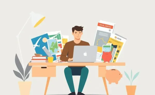 Person planning vacation with travel brochures and piggy bank on desk