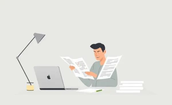 A person reviewing financial documents at a desk with a laptop.