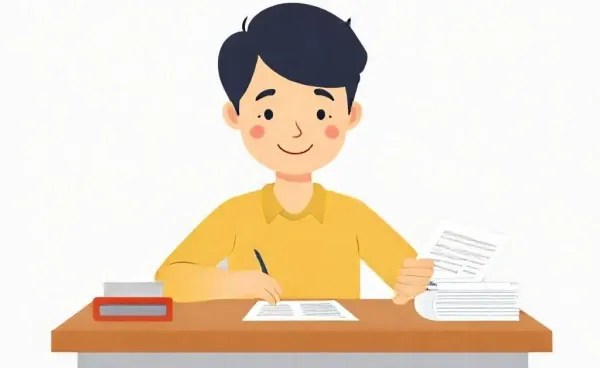 Person filling out vehicle registration forms at a desk