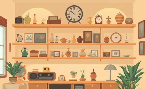 A cozy room adorned with a variety of collectible items on shelves.
