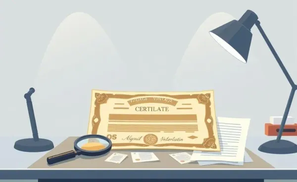 Vintage stock certificate on a desk with a magnifying glass and financial documents
