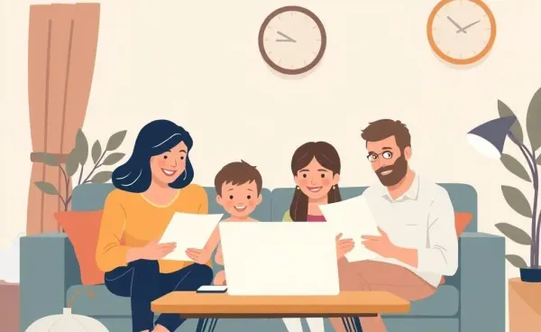 A family reviewing mortgage documents with a virtual assistant on a laptop in their living room.
