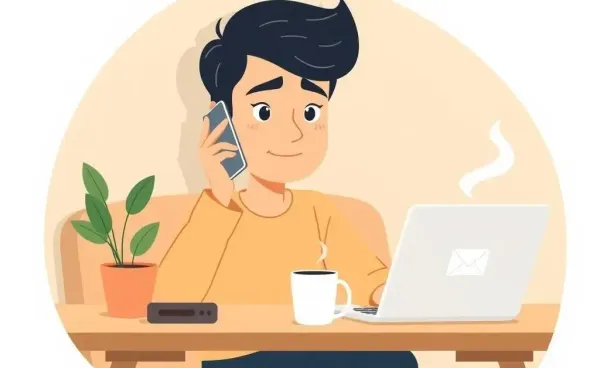 Illustration of a person multitasking with a phone call and email at a desk.