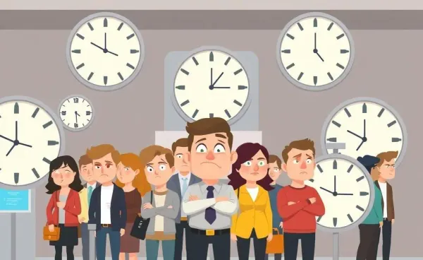 People waiting at a bank with clocks around them