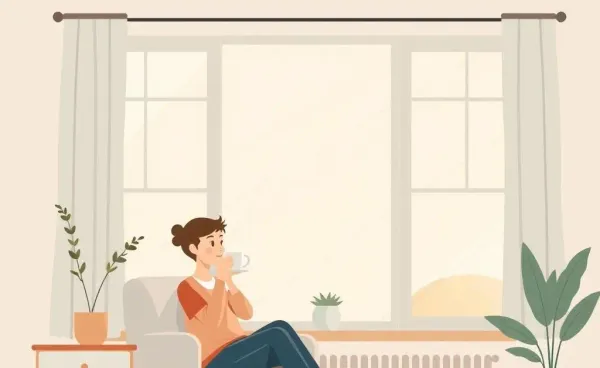 Cartoon image of a person waiting peacefully in a cozy home