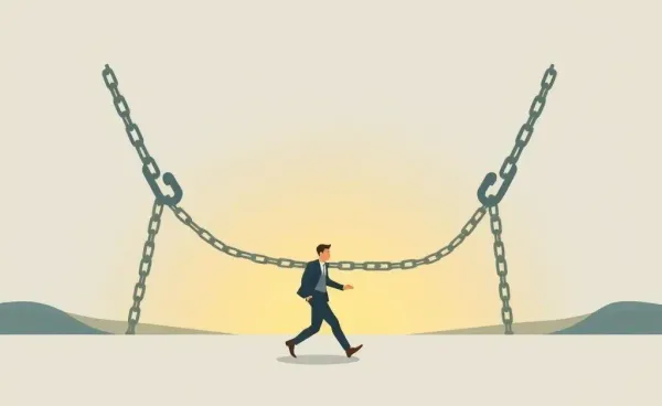 Person walking away from large symbolic debt chains