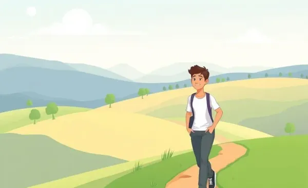 Person walking away down a path into a serene landscape
