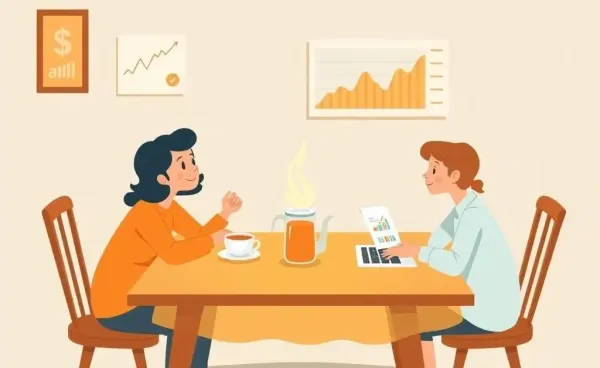 A cozy tea table discussion with financial charts and region maps.