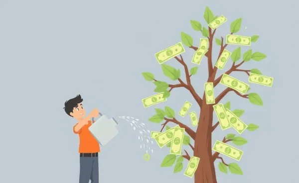 A person watering a money tree with dollar bills as leaves in a cartoon style