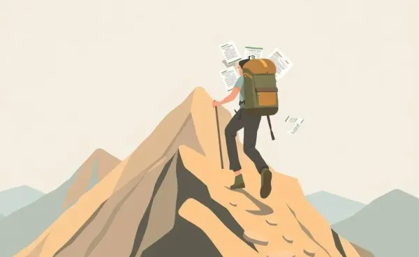 A person climbing a mountain with financial papers in their backpack.