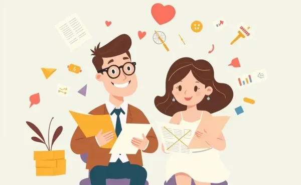 Cartoon-style image of a couple with wedding plans, balancing chaos and calm