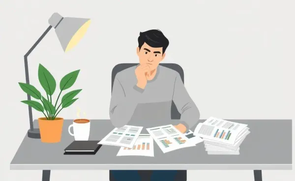 A thoughtful person considering financial decisions at a desk