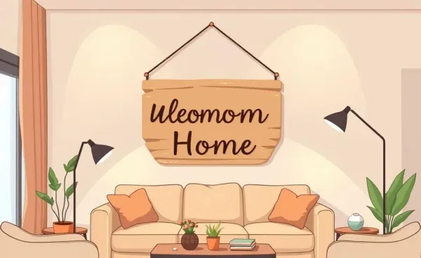 A cozy living room with a 'Welcome Home' sign