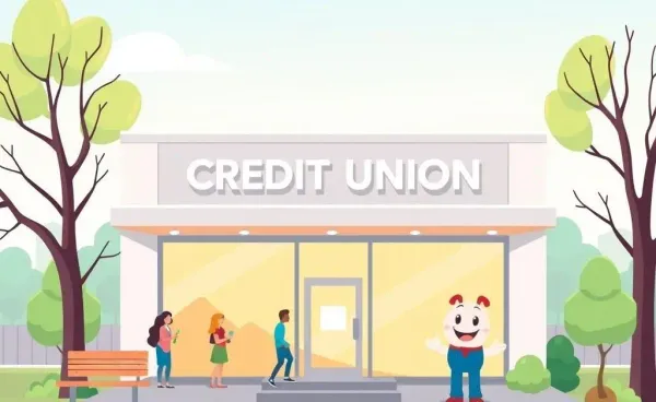 A cartoon of a friendly credit union with an open door and smiling staff