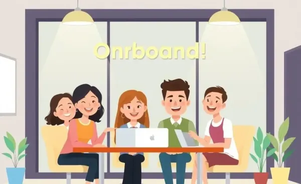 Cartoon image of a warm and welcoming onboarding team in an office