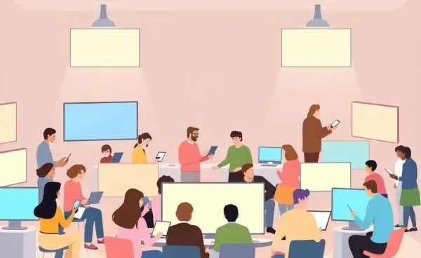 A warm illustration of an online community circle with people connecting through devices