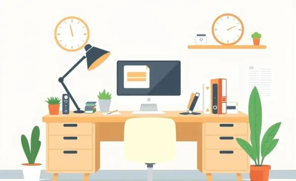 A warm and welcoming office desk setup with a laptop and personalized touches