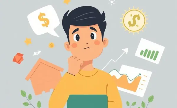 Person contemplating financial satisfaction with graphs and happiness symbols