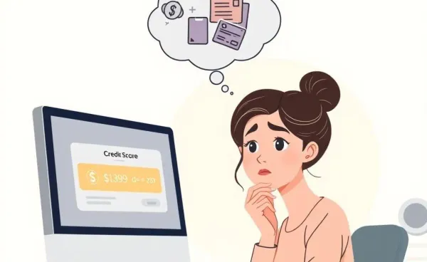 A puzzled woman looking at her credit score on a computer screen.