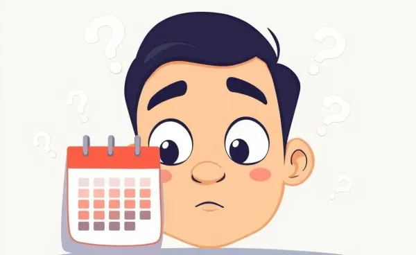 Cartoon person looking at calendar with question marks