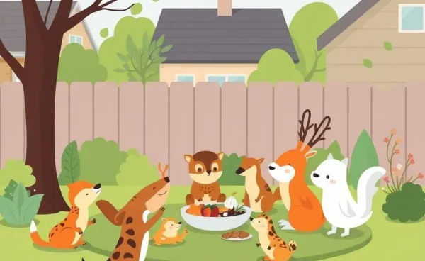 Cartoon of diverse wildlife in a suburban backyard.