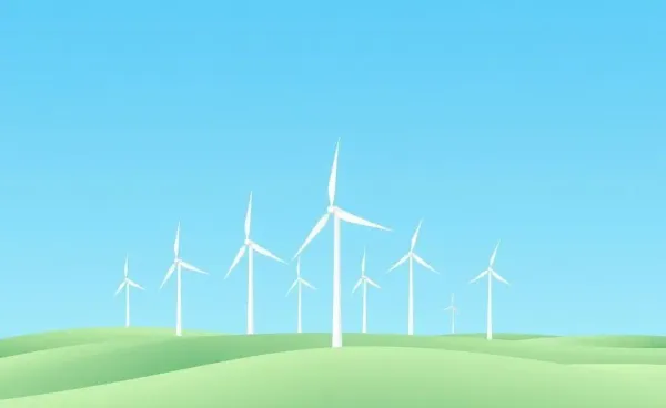 Illustrated wind turbine farm under a blue sky