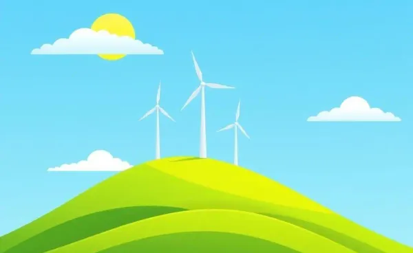 Cartoon-style illustration of wind turbines on a sunny hilltop