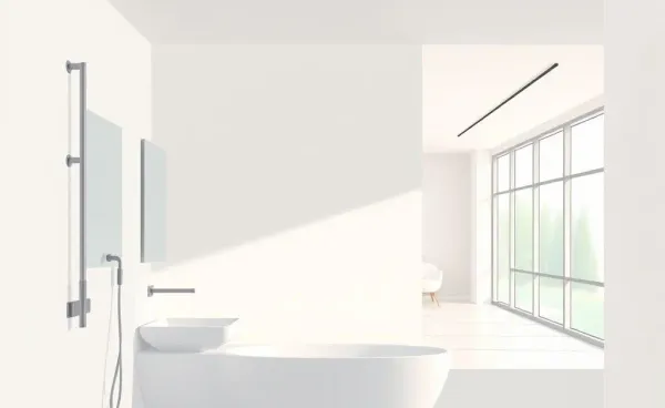 A flat interior with a windowless bathroom contrasted by bright windows