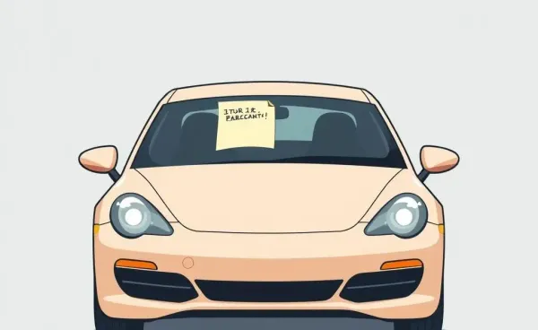 Illustration of a parked car with a note on its windshield.