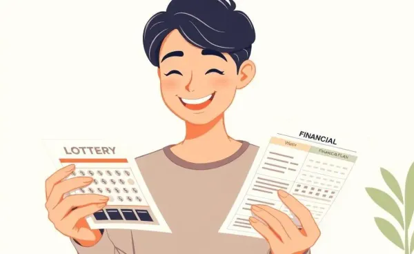 Person smiling while planning with a lottery ticket and financial documents.