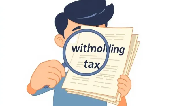 Cartoon illustration of a person examining financial documents about withholding tax