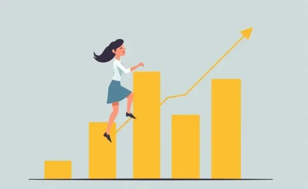 A cartoon of a woman climbing a chart, representing financial growth
