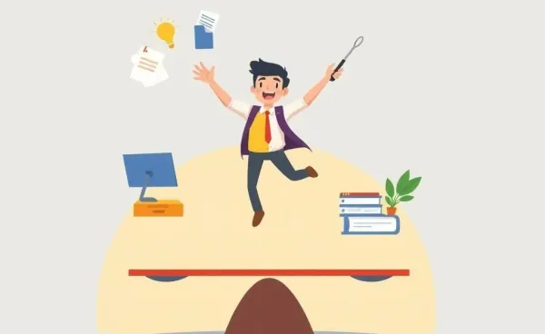 An illustration of someone balancing work and leisure on a scale