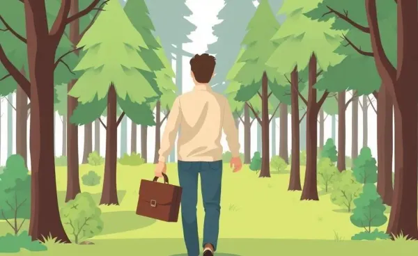 Person walking through a serene forest carrying a briefcase.
