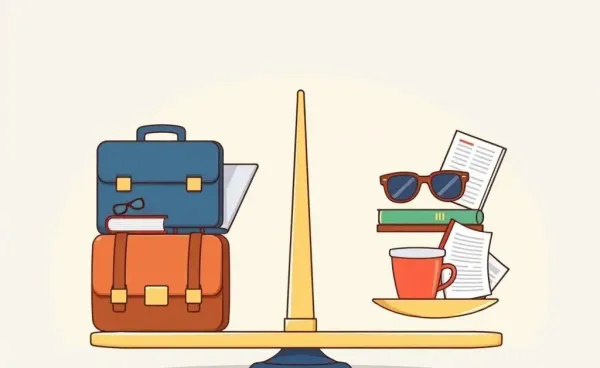 Illustration of a balanced scale depicting work on one side and leisure on the other.