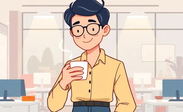 Person balancing work and life with coffee in an office