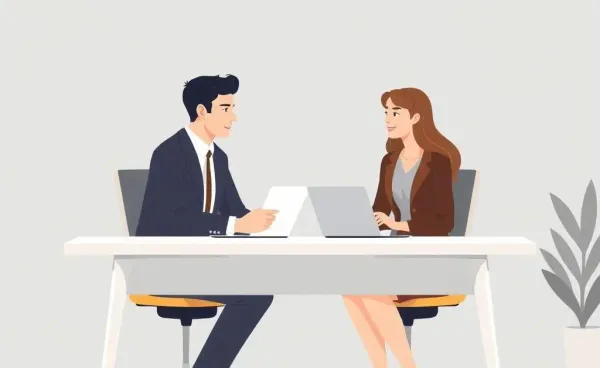 Two colleagues having a professional discussion at a desk