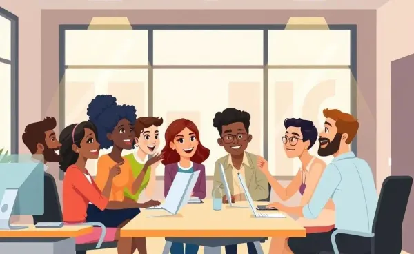 Cartoon image of a friendly office discussion.