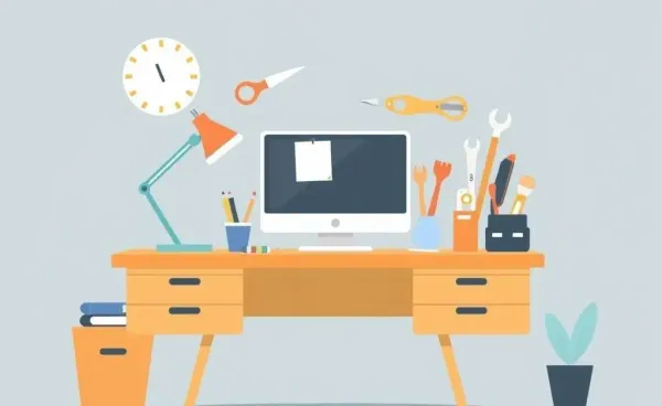Illustration of an office desk with tools for workplace resilience